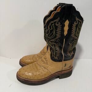Lucchese 2000 Women's Ostrich Leather Western Boots Cowgirl Tan Black 7.5 B